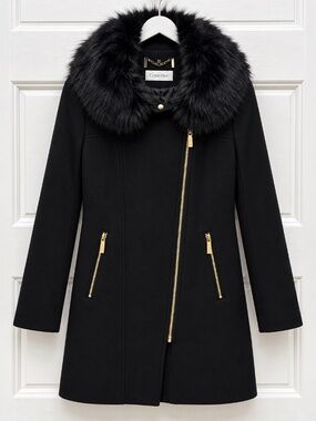 Elegant Calvin Klein Black Coat with Luxurious Faux Fur Collar